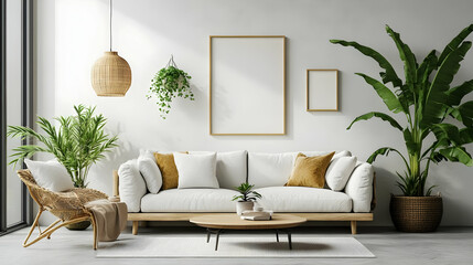 Modern living room interior with white sofa, wicker chair, and potted plants.