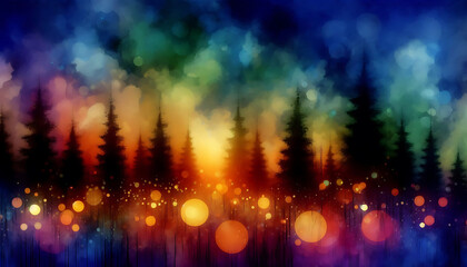 Fototapeta premium Abstract depiction of a forest at dusk tall dark evergreen trees against a colorful background. The scene is illuminated by numerous glowing orbs of light in warm hues of orange yellow and cool blues 