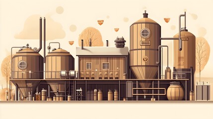 Vintage Brewery Building Illustration with Beer Production Equipment
