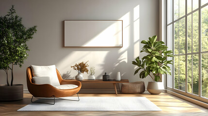 Modern living room with a large window, armchair, and wooden coffee table.