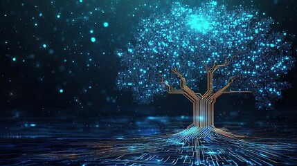 Abstract tree made of circuit board with neon effect and bokeh in futuristics concept.