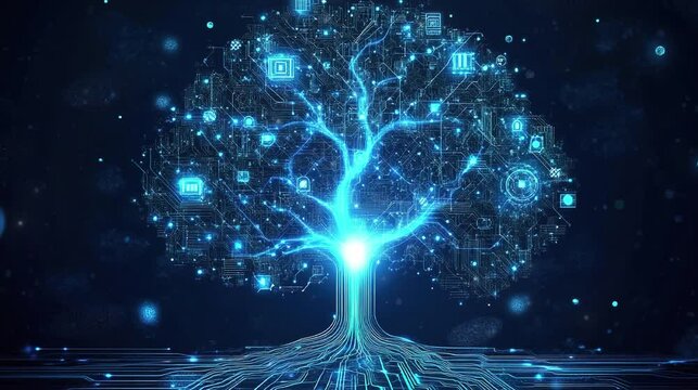 Abstract tree made of circuit board with neon effect and bokeh in futuristics concept.
