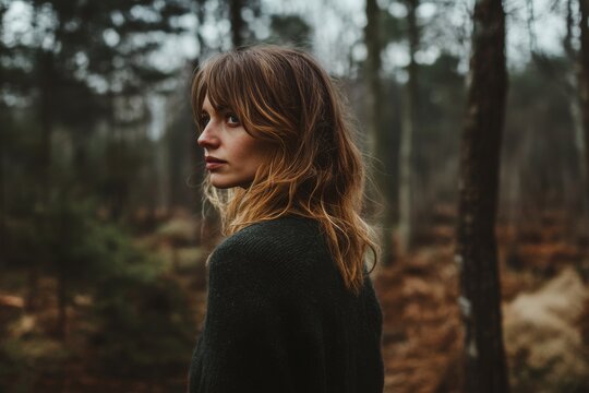 Contemplative Woman in Forest Looking Back Encapsulating Thoughtful Autumn Atmosphere