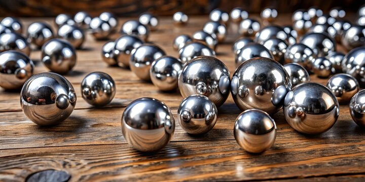 Shiny metallic steel balls of various sizes are scattered on a worn wooden background, showcasing textures and