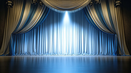 A theater stage with blue curtains and a spotlight