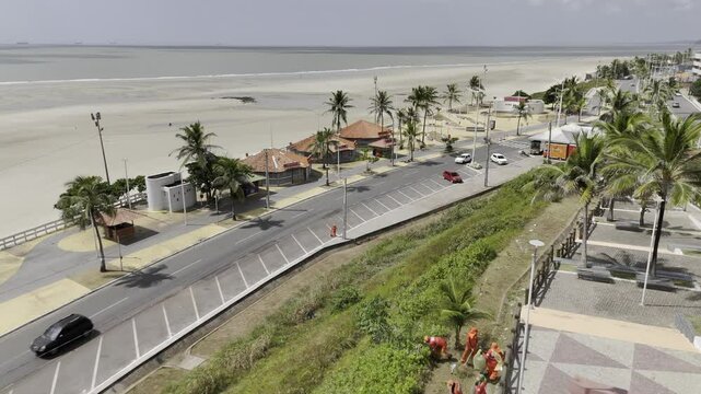 Drone flies over Parquinho da Litor&acirc;nea and then along Praia do Calhau in Sao Luis, Maranh&atilde;o, Brazil