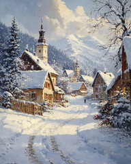 oil painting of village in the winter