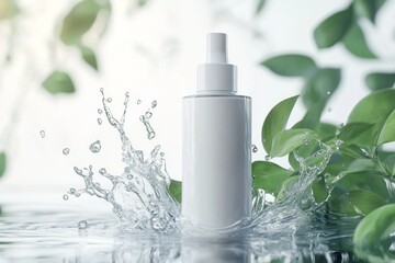 A serene moment as a spray bottle makes a splash in clear water amidst vibrant green leaves on a tranquil day. Generative AI