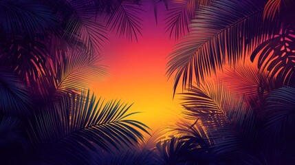 Silhouettes of Palm Leaves Against a Vibrant Sunset Sky