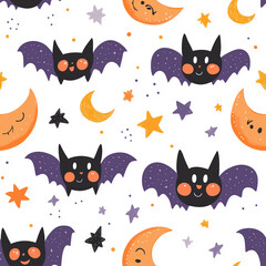 Halloween design featuring cute bats, moons, and stars on a white background
