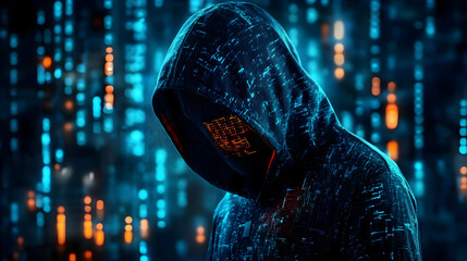 Mysterious hooded figure with glowing digital face against a blurred background of blue and orange lights.