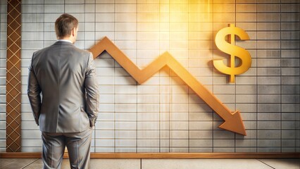 Businessman observing a falling interest rate graph with concern, economic downturn visualization Illustration of a shrinking dollar sign with a downward arrow, representing declining interest rates