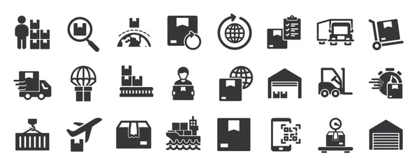 Shipping glyph solid icons collection. Containing delivery, logistic, warehose, loading. Minimal icon and symbol series vector illustration