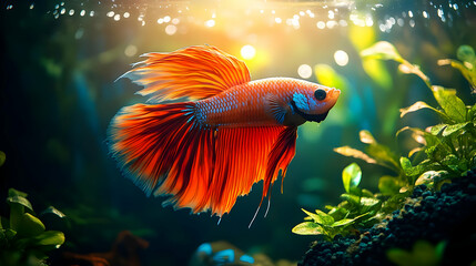 Orange betta fish with long fins swimming in an aquarium with green plants.