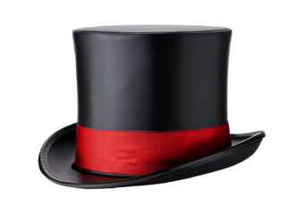 Black top hat with red stripe isolated on a transparent or white background.