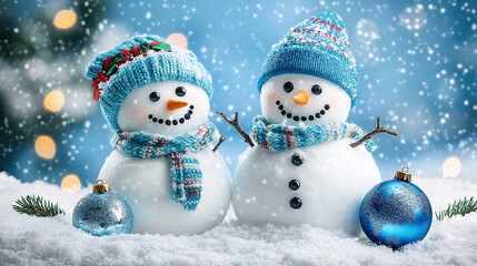 Photo of happy snowmen with blue hats and scarves, standing in a white