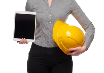 Torso engineer, worker or architect holding in hand yellow Isolated on transparent or white background