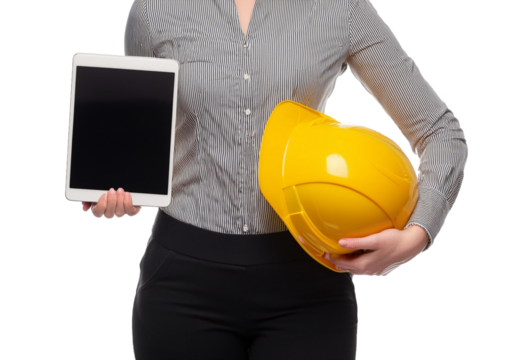 Torso engineer, worker or architect holding in hand yellow Isolated on transparent or white background