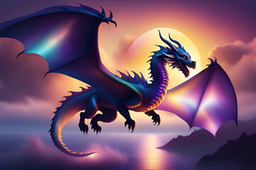 A purple dragon is flying with the moon in the background.
