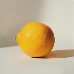 A yellow lemon with a glossy appearance, sitting on a white surface against a neutral background.