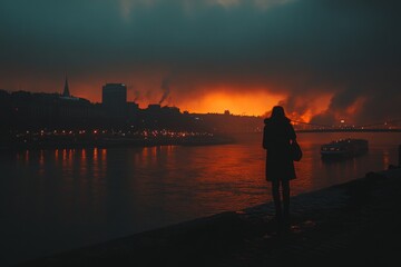 Silhouette of a person by a calm river during dramatic sunset with red and orange sky