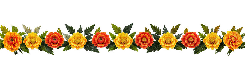 Orange and red marigold flowers isolated on transparent background. Chinese mid autumn festival or toran Indian traditional Diwali decoration. Symbol of mexican holiday Day of dead