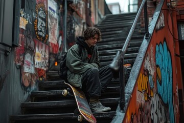 Street Portrait of Young Skateboarder on Graffiti Adorned Stair