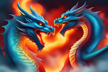 Two blue dragons are fighting.