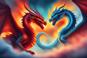 The blue and red dragons are about to fight.