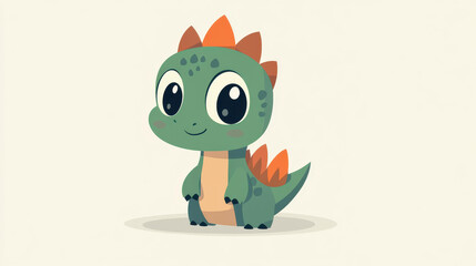 Fototapeta premium Cute green dinosaur baby with smiling face, sharp brown spikes, big eyes, and bright orange tail wings in a fun cartoon style.