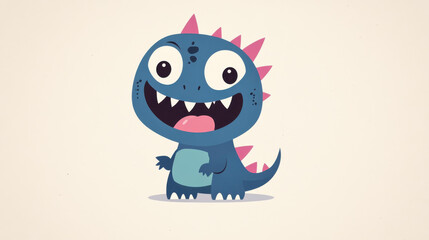 Fototapeta premium A cheerful baby blue dinosaur with pink fangs and sharp spines, joyfully raising its head in a playful cartoon style.