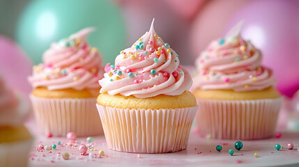 Pink Cupcakes with Sprinkles and Balloons.