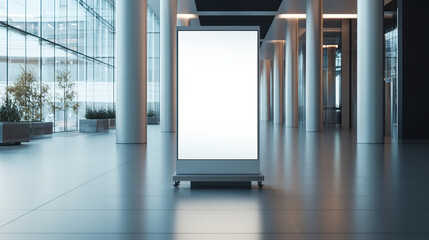 A mockup of an empty white poster stand in the middle of a modern office building with glass walls