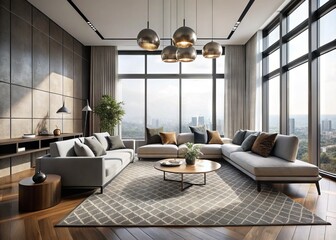 Fototapeta premium Sleek minimalist living room with neutral tones, floor-to-ceiling windows, and modern furniture, featuring a statement