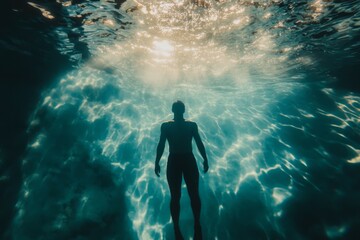 Fototapeta premium Underwater Silhouette of Person in Deep Blue Illuminated by Sunlight Rays
