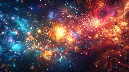 Fototapeta premium 1. **A vibrant and festive New Year 2025 poster featuring colorful fireworks bursting in the night sky, with a dazzling display of bright lights and a backdrop of shimmering stars and elegant