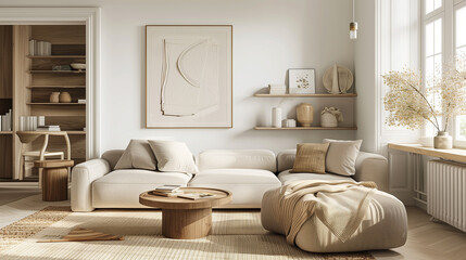Fototapeta premium Minimalist living room with a taupe sofa, white walls, and natural wood furniture.