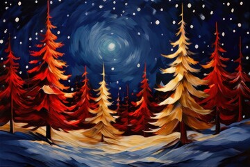 the AI Image Generator, night scene of christmas trees lit up and on the road