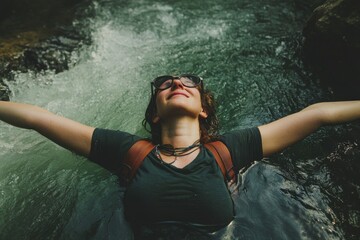Fototapeta premium Joyful Woman Relaxing in a Refreshing River Under Sunlight with Raised Arms