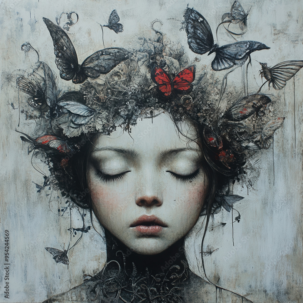 Wall mural girl butterfly art painting portrait nature beauty surrealism flowers closed eyes illustration fanta