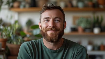 Fototapeta premium Portrait of a smiling man with a beard, in a green shirt, against a blurred background of indoor plants.