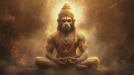 2. **A serene depiction of Lord Hanuman seated in a meditative posture, with a peaceful expression, adorned in traditional attire and surrounded by a soft, glowing aura that signifies his divine