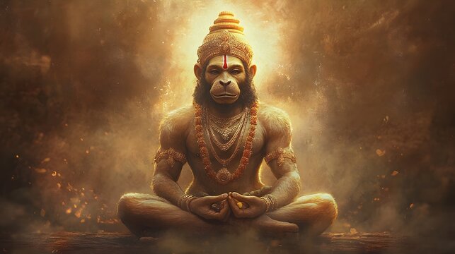 2. **A serene depiction of Lord Hanuman seated in a meditative posture, with a peaceful expression, adorned in traditional attire and surrounded by a soft, glowing aura that signifies his divine