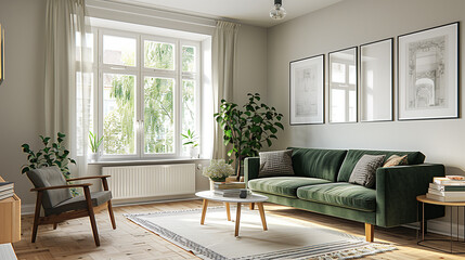 Fototapeta premium Modern living room with a forest green sofa, cream-colored walls, and light wood flooring