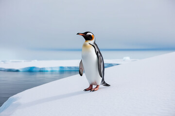 A lone penguin stands majestically at ice rock