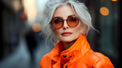 Portrait of a stylish older woman wearing round orange sunglasses and a bright orange leather jacket.