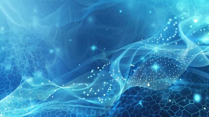 A vibrant abstract background with flowing lines and glowing particles in blue tones.