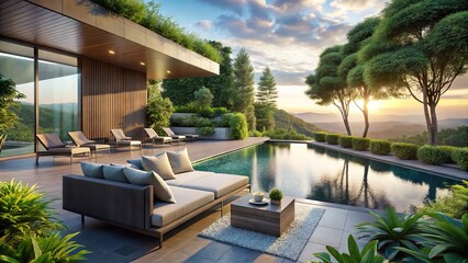Fototapeta premium Sleek patio furniture and lush greenery surround a sparkling infinity pool, blurring the lines between indoor and