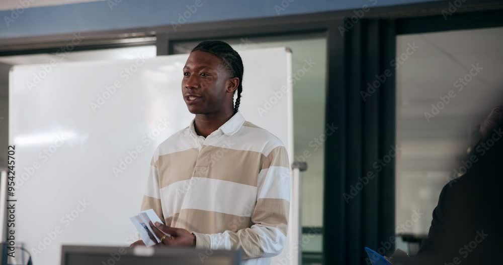 Aufkleber Knowledge, university student and presentation in classroom for speech and learning in science, physics or math. Whiteboard, young man and college scholar in project with discussion or education