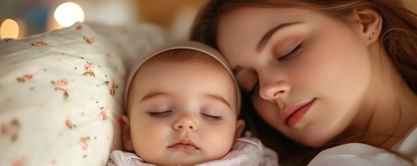 Tender Moments of Motherhood A Newborn Baby Asleep in the Gentle Embrace of Her Mother, Capturing the Essence of Maternal Love, Nourishment, and Intimacy